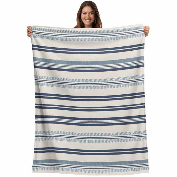 Blue Striped Blanket Soft Cozy Warm Throw Blanket for Couch, Plush Fuzzy Flannel Fleece Blankets for Sofa, Beige Retro Simple Abstract Striped Lines Bed Blankets Lightweight Gifts for Women, 50"x60"