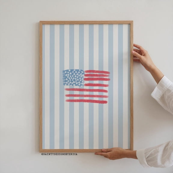Blue Striped Coastal America Poster, Patriotic Flag Wall Art, 12x18 UNFRAMED
