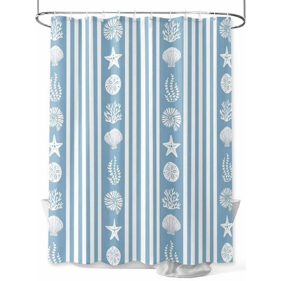 Blue Striped Coastal Stall Shower Curtain, Waterproof Shower Curtains for Bathroom, Nautical Beach Starfish Shell Washable Fabric Cloth Bath Curtain for Bathtub Decoration with Hooks 36x72 Inches