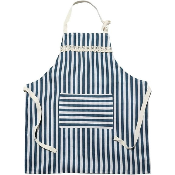 Blue Striped Cotton Apron Sleeveless With Large Pockets Adjustable Straps And Waist Ties Floral Lace Trimming Fabric Utility Work Cloth Aprons for Home Kitchen Cooking Garden Artist Diy