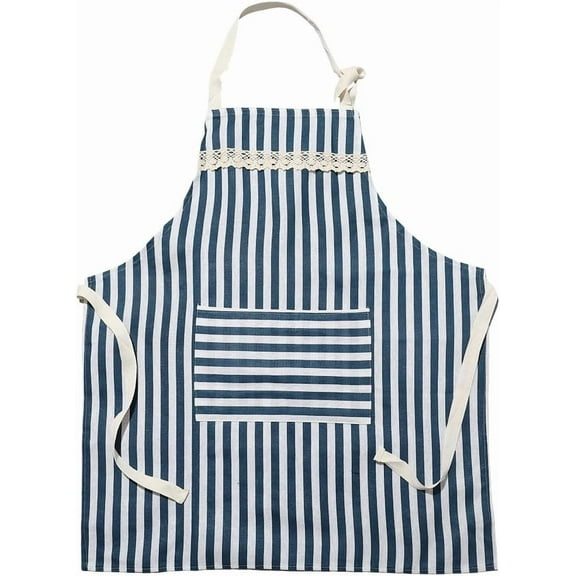 Blue Striped Cotton Apron Sleeveless With Large Pockets Adjustable Straps And Waist Ties Floral Lace Trimming Fabric Utility Work Cloth Aprons for Home Kitchen Cooking Garden Artist Diy 1pc
