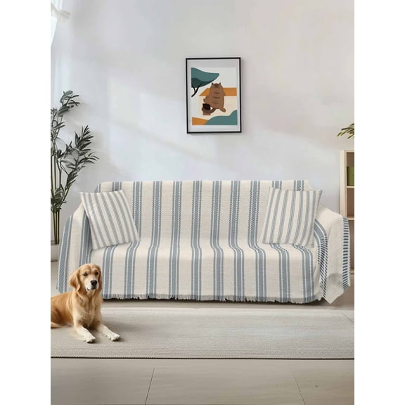 Blue Striped Couch Cover for Dogs, Modern Farmhouse Stripes Rustic Washable Sofa Covers Slipcover for Pets Dogs Futon Cover, Couch Recliner Covers, Oversized Chair Slipcover 71"x91"