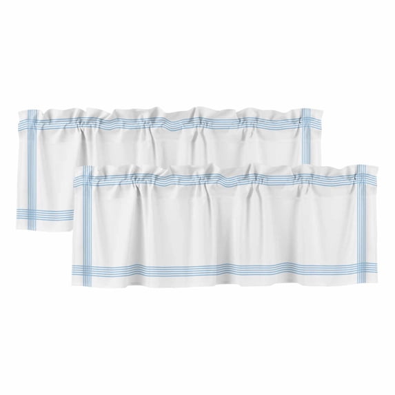 Blue Striped Curtain Valances for Windows, Kitchen Valance Window Treatments Panel 2 Pack, Geometric Minimalist Watercolor White Rod Pocket Short Curtains for Bathroom Bedroom 42 x 12 Inch