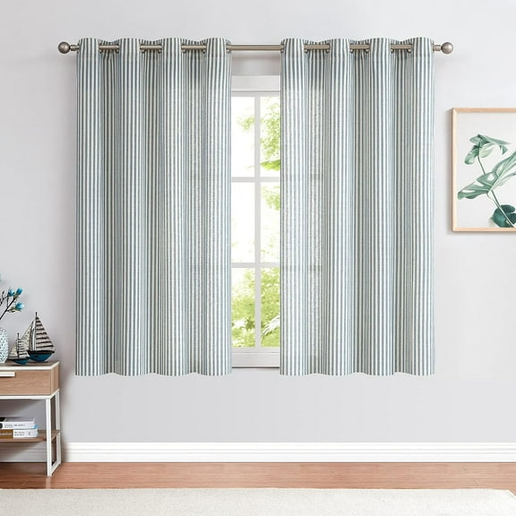 Blue Striped Curtains Length for Living Room/Bedroom Farmhouse Pinstripe Pattern Curtains Light Filtering Drapes Grommet Window Treatments, Blue on Beige 26"W x 45"L (Pack of 2)