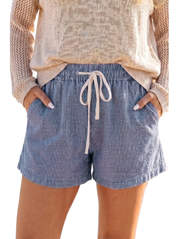 Blue Striped Denim Shorts for Women – Casual High Waist Drawstring Shorts, Summer Vacation Style, L