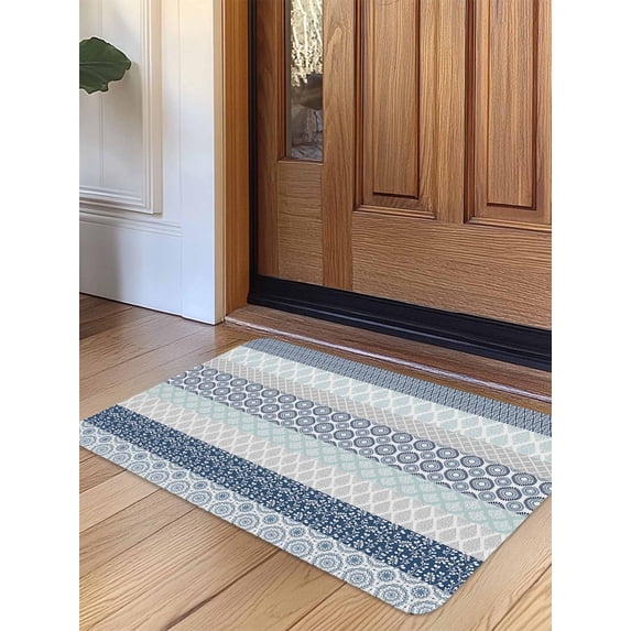 Blue Striped Door Mat Indoor Outdoor Entrance, Non Slip Rug for Kitchen Bathroom Entryway Rug, Boho Modern Geometric Abstract Art Ethnic Washable Doormat Floor Mat 24x36 Inch