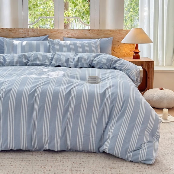 Blue Striped Duvet Cover Set 100% Washed Cotton Linen Like Super Soft Chic Bedding Set 3 Pcs Cornflower Blue-White Full
