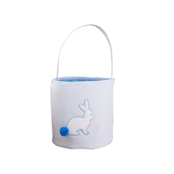 Blue Striped Fabric Easter Bunny Basket with Fluffy Tail and Rabbit Applique, Tote Bag for Egg Hunt, Candy and Gifts, Portable Storage Bucket with Handle