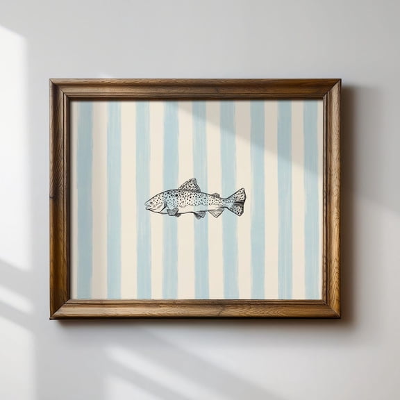 Blue Striped Fish Print Coastal Cottagecore Nursery Art Gift Idea Aesthetic