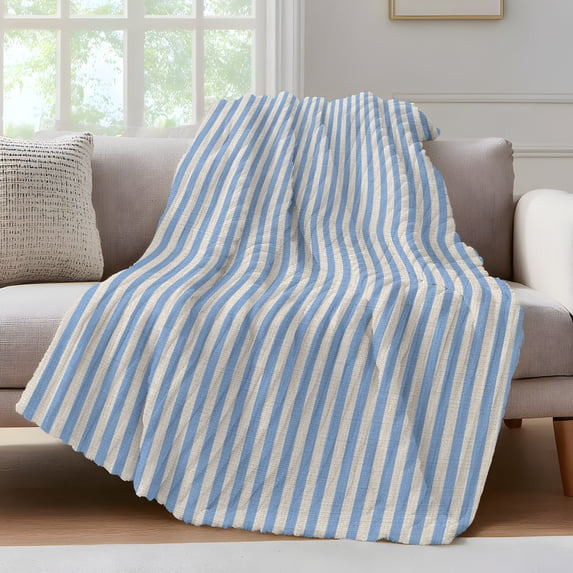 Blue Striped Fleece Throw Blanket for Couch, Modern Simple Farmhouse Beige Vintage Microfiber Flannel Blanket for All Season, Lightweight Soft Throw Blankets for Women, Girls, Adults, 50"x80"