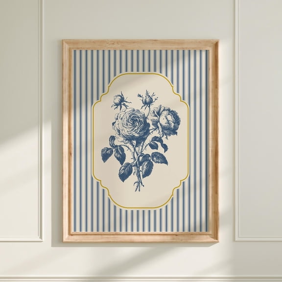 Blue Striped French Country Rustic Cottage Vintage Floral Farmhouse Roses A387 Poster Unframed Paper Print