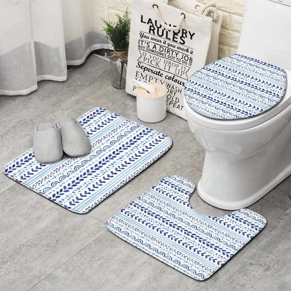 Blue Striped Geometric Pattern Bathroom Rugs Sets 3 Piece,Toilet Cover Set,Absorbent Non Slip Bathroom Mats Sets with U-Shaped Contour Rug Toilet Rug Set