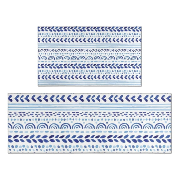 Blue Striped Geometric Pattern Kitchen Rugs Sets Of 2,Anti Fatigue Kitchen Mat Rugs Non Slip Washable,Decorative Kitchen Floor Mats for Kitchen,Sink,Laundry,17"x30"+17"x47"