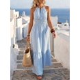 thumbnail image 1 of Blue Striped Halter Neck Maxi Dress With Ruffle Hem And Elastic Waist For Vacation Or Daily Wear, 1 of 3
