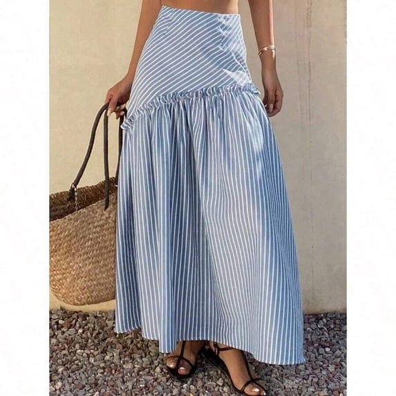 Blue Striped High-Waist Tiered Maxi Skirt With Ruffle Waist