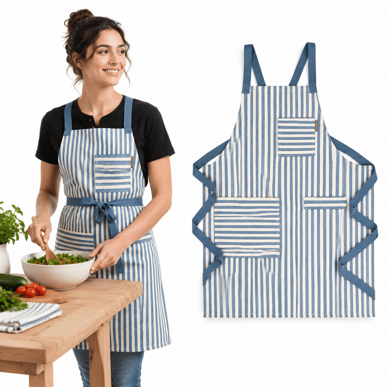 Blue Striped Home Chef Cooking Apron with Pockets for Baking and ...