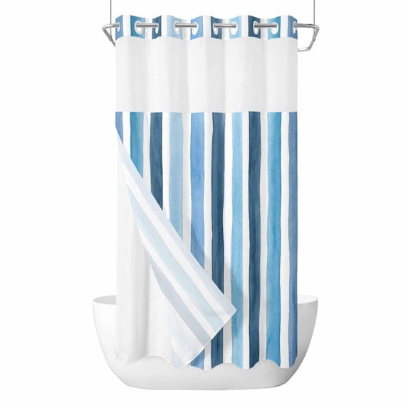 Blue Striped No Hook Shower Curtain with Snap in Liner, Waterproof Fabric Shower Curtains, Farmhouse Stripes Modern Art Shower Curtain Set Top See Through for Bathroom 36"x78"