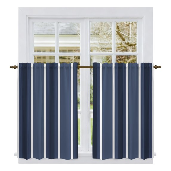 Blue Striped Kitchen Curtains 54 Inch Length, Geometric Modern Vertical Lines Abstract Tiers Curtains for Bathroom Bedroom Cafe, Light Filtering Small Window Treatment Short Drapes 2 Panels 42"Wx54"L