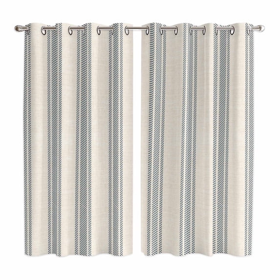 Blue Striped Kitchen Curtains 63 Inch Length, Modern Farmhouse Stripes Rustic Grommet Top Bedroom Living Room Curtains, Light Filtering Cafe Curtain Drapes 2 Panels Set 84''x63''