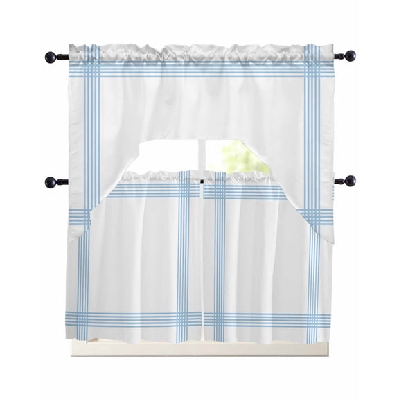 Blue Striped Kitchen Curtains Sets 36 Inch Length with Valance, Geometric Minimalist Watercolor White Swag Valances and Tiers Curtain Set Drapes Swag Curtains for Living Room, Bathroom, Bedroom, Cafe