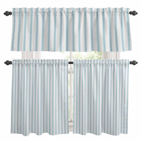 Blue Striped Kitchen Curtains Sets for Windows 24 Inch Length, Blue White Stripes Farmhouse Rod Pocket Window Treatments Tier Curtains and Valances Set for Bedroom/Bathroom