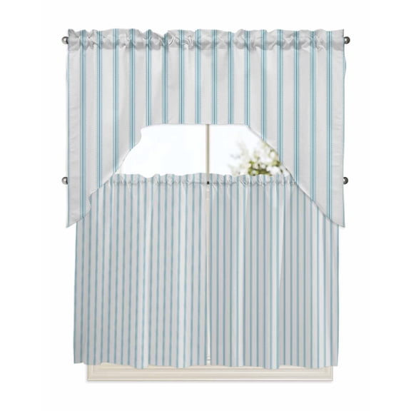 Blue Striped Kitchen Curtains Swag Valance and Tier Curtains Set 36 Inch Length, Blue White Stripes Farmhouse Rod Pocket Drape Panels Pair Swag Curtains for Bathroom/Cafe/Window