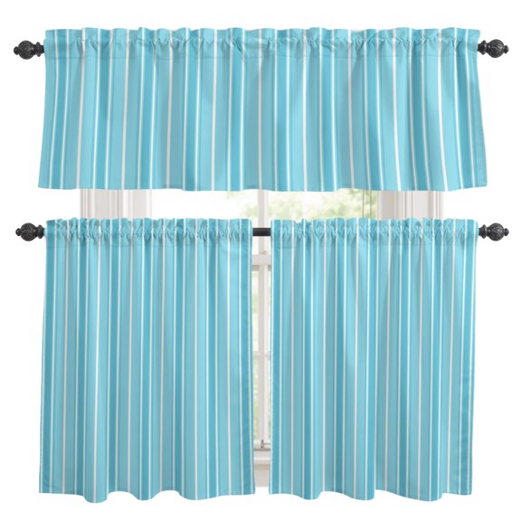 Blue Striped Kitchen Curtains Valances 3 Piece Set, Boho Teal Blue White Stripes Coastal Grandma Minimalist Rod Pocket Tier Curtain and Valance Drapes for Small Window 36 Inch Length for Bedroom Cafe