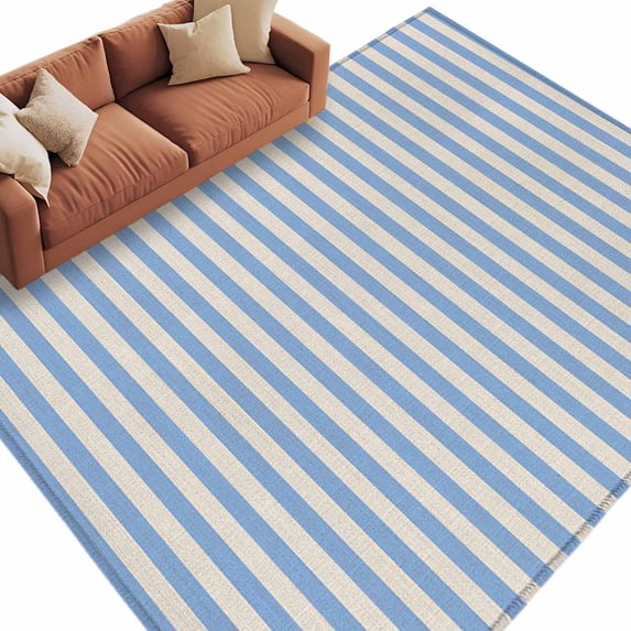 Blue Striped Large Area Rugs for Bedroom Living Room, Soft Non Slip Carpet Bedside Rug, Modern Simple Farmhouse Beige Vintage Rectangular Floor Cover Kitchen Accent Rug 5'x7' for Dining Room/Office