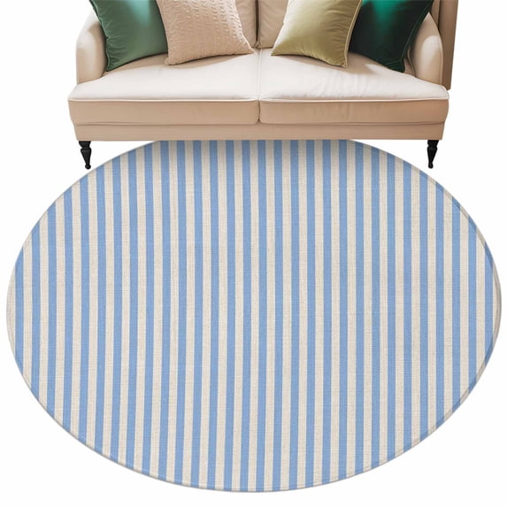 Blue Striped Large Area Rugs for Bedroom Living Room, Soft Non Slip Carpet Bedside Rug, Modern Simple Farmhouse Beige Vintage Round Floor Cover Kitchen Accent Rug 6' for Dining Room/Office