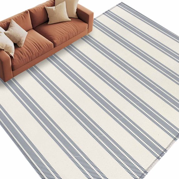 Blue Striped Large Area Rugs for Bedroom Living Room, Soft Non Slip Carpet Bedside Rug, Modern Stripes Farmhouse Rectangular Floor Cover Kitchen Accent Rug 5'x8' for Dining Room/Office