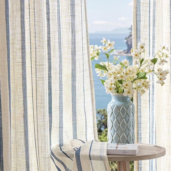 Blue Striped Linen Curtains 63 Inch Farmhouse Back Tab 2 Panels | Tidal ...