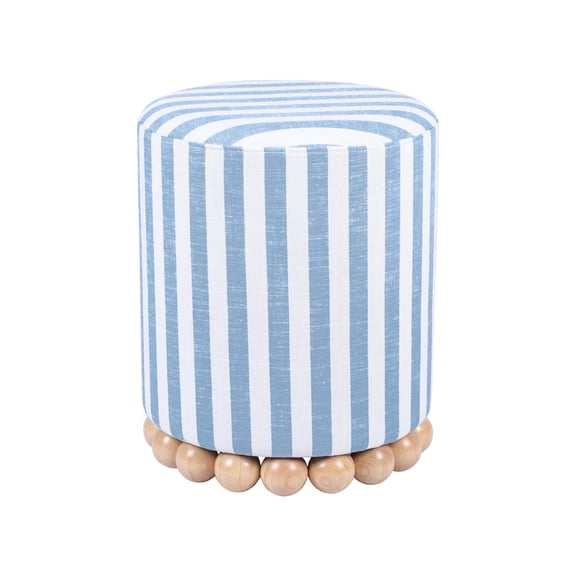 Blue Striped Linen Drum Stool With Natural Wood Ball Legs