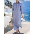thumbnail image 1 of Blue Striped Long Sleeve Collared Loose Shirt Dress For Women, 1 of 4