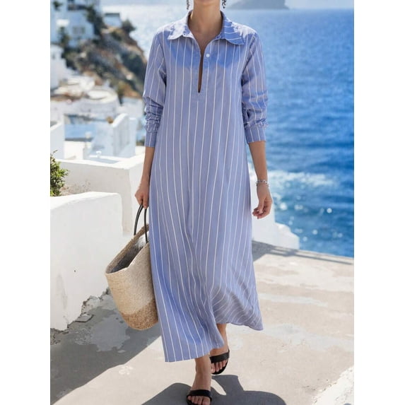 Blue Striped Long Sleeve Collared Loose Shirt Dress For Women
