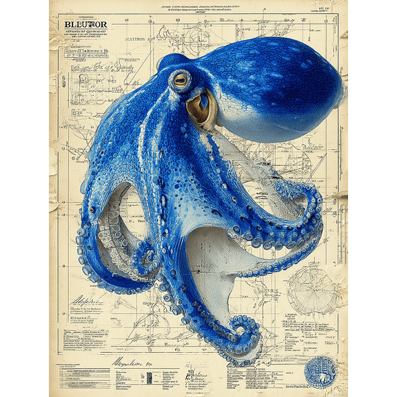 Blue Striped Octopus Canvas Print, Nautical Sea Life Art, Beach Nursery Marine Wall Decor
