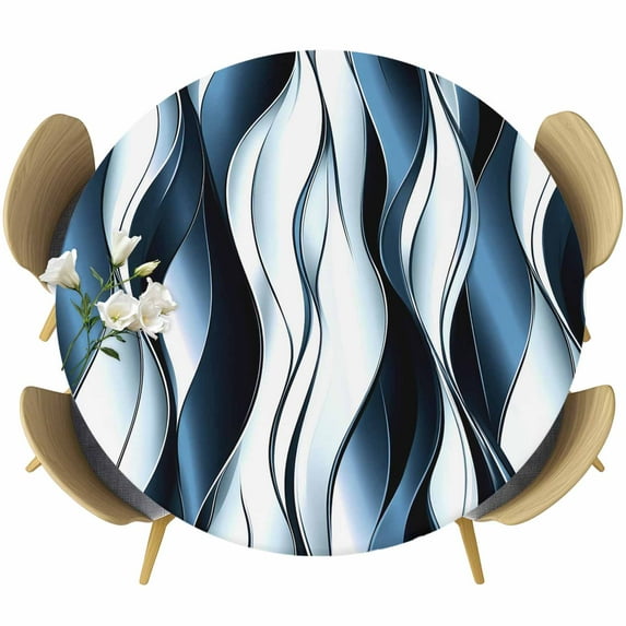 Blue Striped Ombre Round Tablecloth, Fitted Table Cover with Elastic for 55"-60" Round Tables, Modern Blue Moire Geometric Table Cloth Outdoor Indoor Dinning Party Waterproof Tablecloths