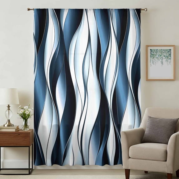 Blue Striped Ombre Sheer Curtains 54 Inches Long, Modern Blue Moire Geometric Light Filering Curtains, Breathable Simi Curtain Privacy Drapes for Kitchen Bathroom Lightweight Small Window Treatment
