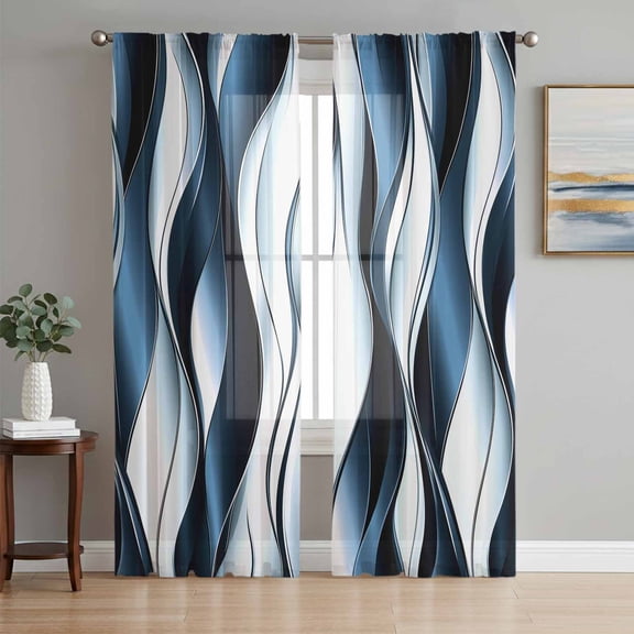 Blue Striped Ombre Sheer Curtains 63 Inch Length 2 Panels Set, Modern Blue Moire Geometric Voile Window Treatment Rod Pocket Curtains Sheers Drapes for Bedroom/Living Room/Kitchen 52x"63"x2