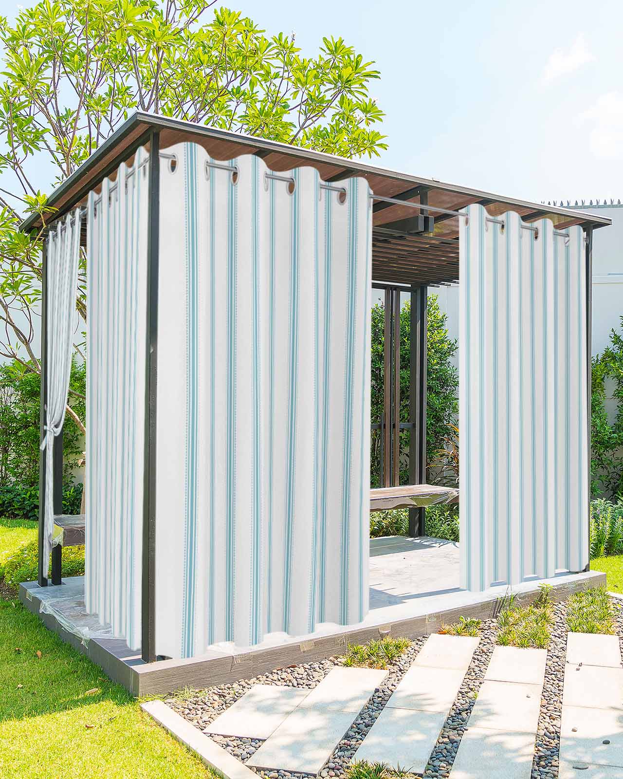 Blue Striped Outdoor Curtains for Patio, Blue White Stripes Farmhouse Privacy Drapes Grommet Waterproof Outside Curtains for Porch/Cabana/Balcony 54"x 108", 1 Panel