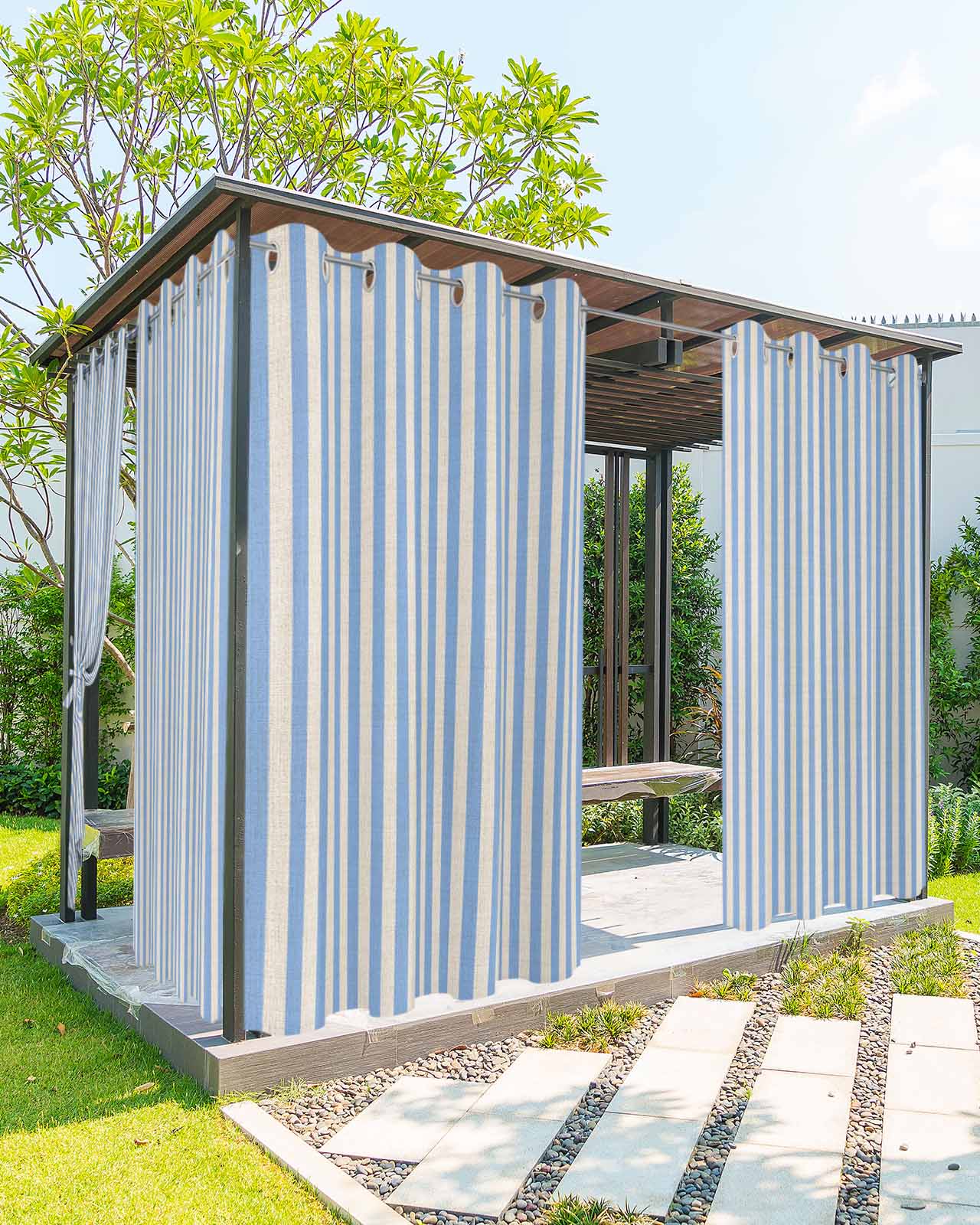Blue Striped Outdoor Curtains for Patio, Modern Simple Farmhouse Beige Vintage Privacy Drapes Grommet Waterproof Outside Curtains for Porch/Cabana/Balcony 54"x 95", 2 Panel