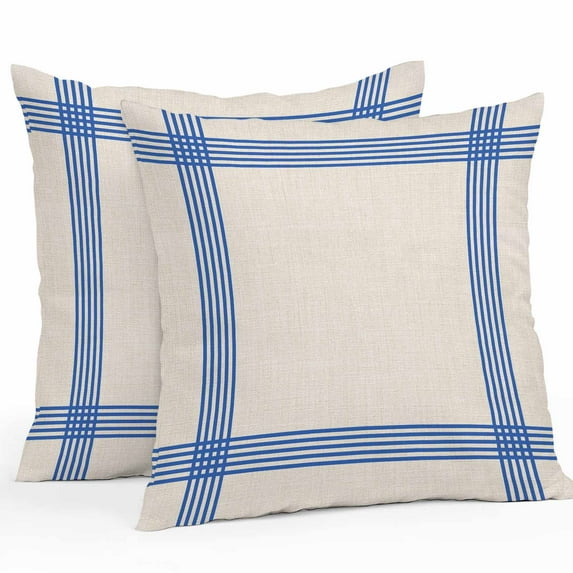 Blue Striped Outdoor Pillow Covers Set of 2 Simple Stripe Vintage Linen Texture Waterproof Throw Pillow Case Decorative Square Cushion Cover for Patio Couch Garden Balcony, 18"x18"