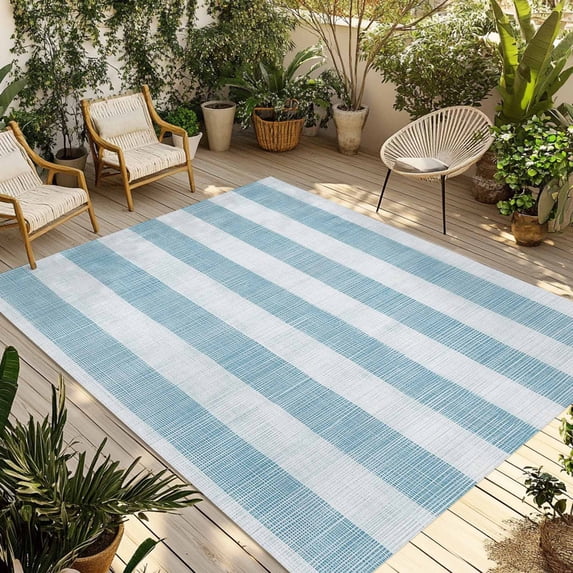 Blue Striped Outdoor Rug 6x9 Ft - Reversible Patio Rug Outdoor Camping Rugs, Rustic Farmhouse Stripes Washable Indoor Outdoor Area Rugs, Non-Slip Outdoor Carpet Runner for Deck/Porch