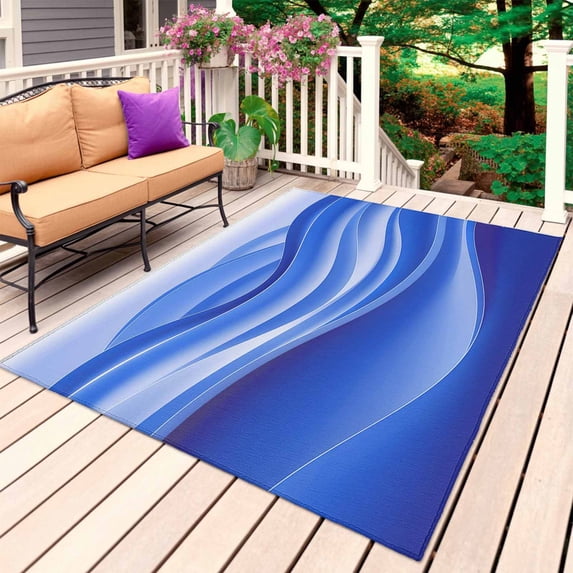 Blue Striped Outdoor Rug for Patio/Deck/Porch, Non-Slip Large Area Rug 5 x 7 Ft, Modern Abstract Art Wave Moire Gradient Indoor Outdoor Rugs Washable Area Rugs, Reversible Camping Rug Carpet Runner