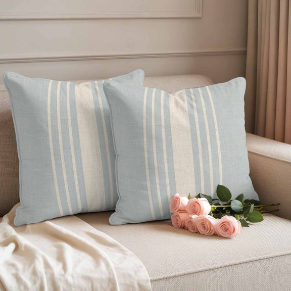 Blue Striped Outdoor Throw Pillow Covers Set of 2, Vintage Rustic Cream Light Blue Stripes Linen Texture Waterproof Pillow Covers Protectors with Hidden Zipper for Garden Couch Bench 16x16in