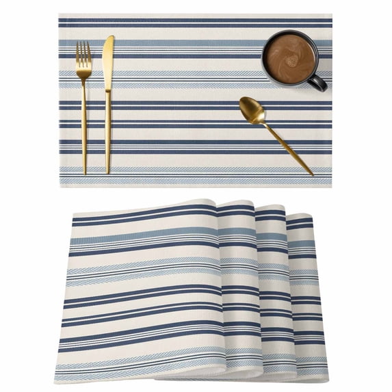 Blue Striped Placemats Set of 12, Beige Retro Simple Abstract Striped Lines Placemats for Dining Table, Place Mats for Kitchen Tabletop, Waterproof Wipeable Dining Table Mats Set