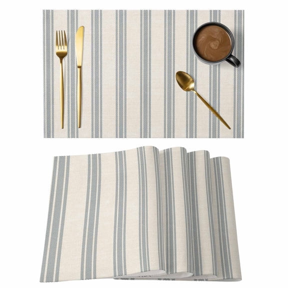 Blue Striped Placemats Set of 12, Cotton Linen Fabric Place Mats, Modern Farmhouse Stripes Rustic Washable Decorative Table Mats Protector for Home Kitchen Dining Wedding Party Coffee Tables