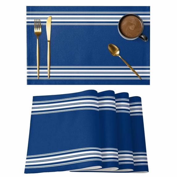 Blue Striped Placemats Set of 4, Cotton Linen Fabric Place Mats, Farmhouse Blue White Stripes Washable Decorative Table Mats Protector for Home Kitchen Dining Wedding Party Coffee Tables