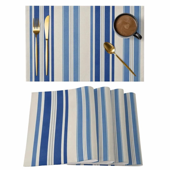 Blue Striped Placemats Set of 8, Farmhouse Modern Stripes Placemats for Dining Table, Place Mats for Kitchen Tabletop, Waterproof Wipeable Dining Table Mats Set