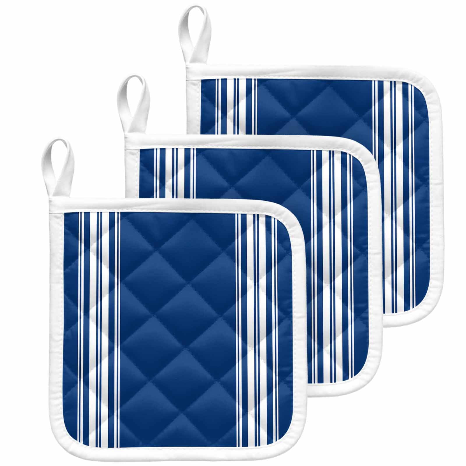 Blue Striped Pot Holders for Kitchen Heatproof Potholder, 3 Pack Farmhouse Blue White Stripes Hot Pads Multipurpose Oven Pads Cloth Potholders Trivet for Cooking Baking