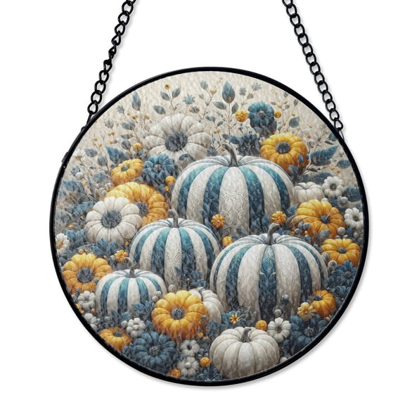 Blue Striped Pumpkins Daisies Stained Glass Style Suncatcher, UV Printed Glass, Unique Fall Harvest Decor, Round